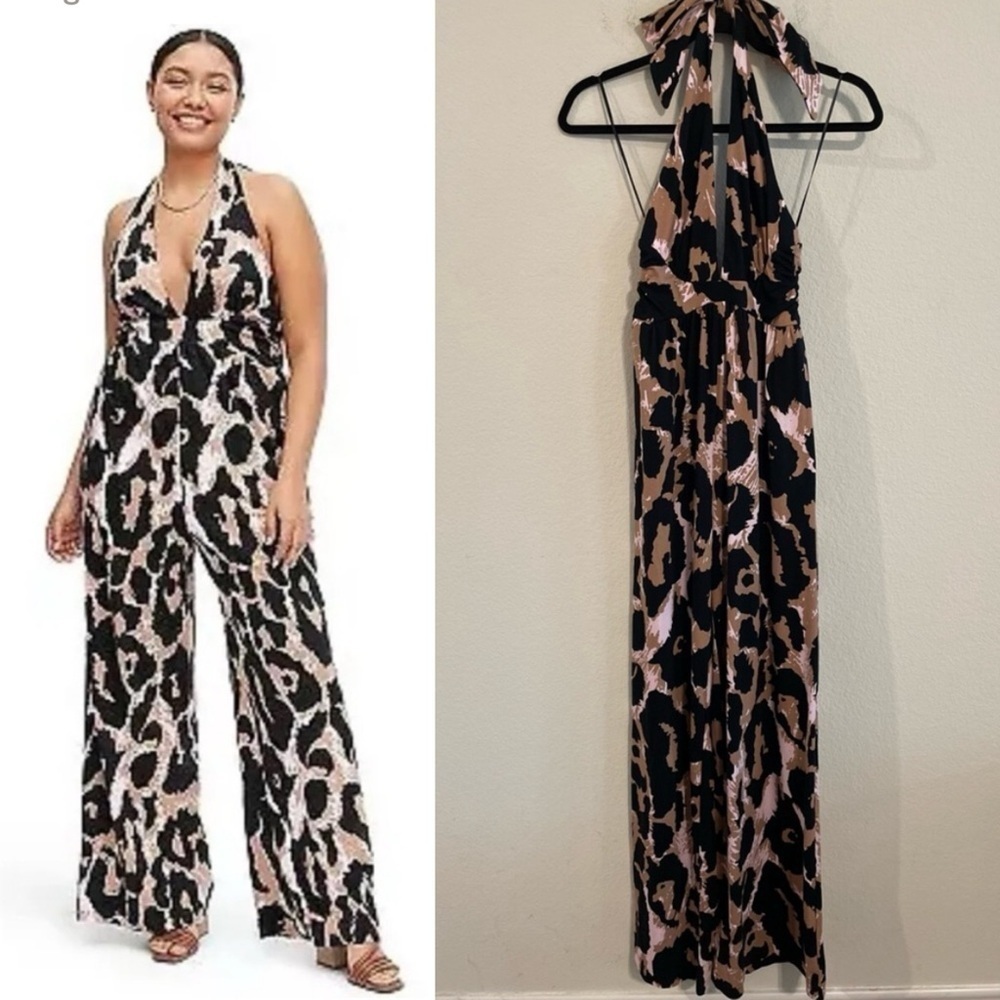 Diane Von Furstenberg Women Jumpsuit XXS Brown Animal Print Halter Contemporary